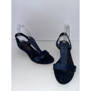 N Y Transit‎ Embellished T-Strap Wedge Sandal  7.5 Navy Whimsigoth Y2K Summer
